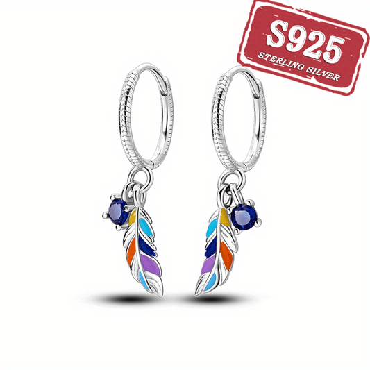 Sterling 925 Silver Colorful Feather Dangle Earrings - Elegant Trendy Gift