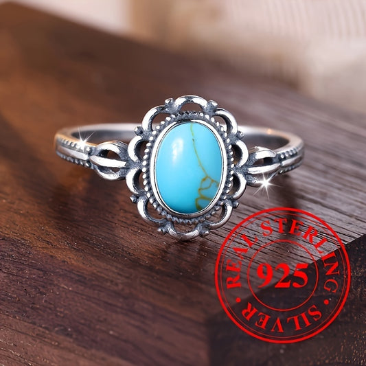 925 Sterling Silver Inlaid Turquoise Egg Shape Ring - High Quality Gift for Her